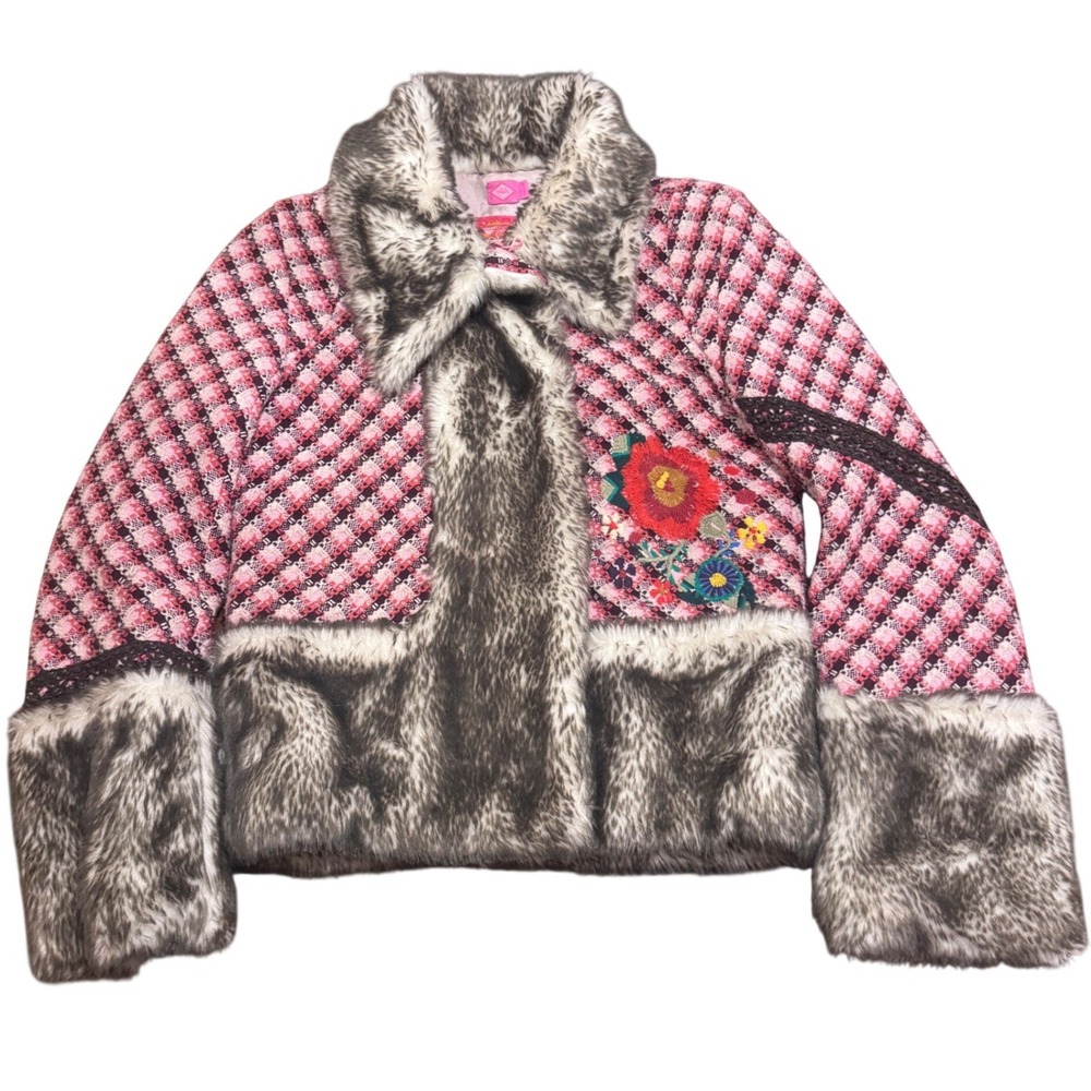 Oilily Plaid & Embroidery Faux‎ Fur Trim Fairy Garden Whimsy Dopamine Jacket 36